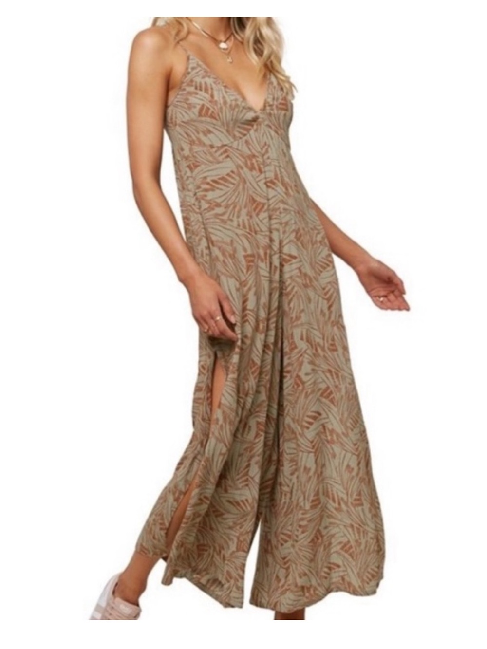 O’Neill Jace Leaf Print Wide Leg Jumpsuit Boho Tropical - Picture 2 of 10